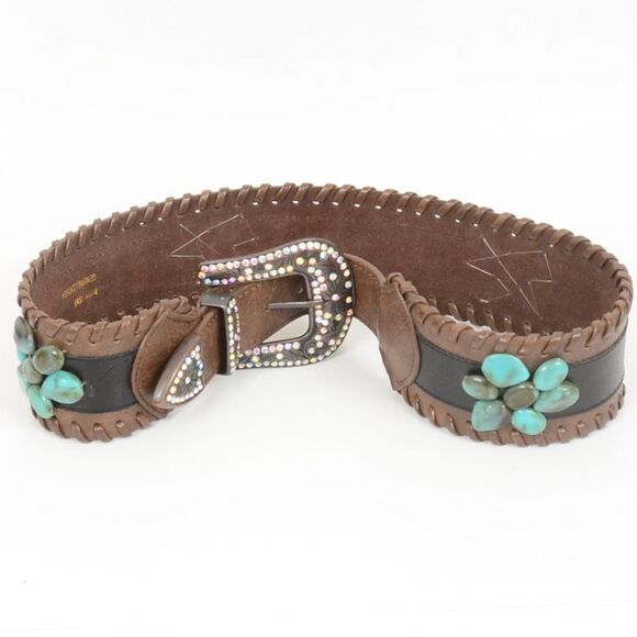 Boho Turquoise Rhinestone Leather Flowers Chunky Buckle Thick Brown Belt - Picture 5 of 10